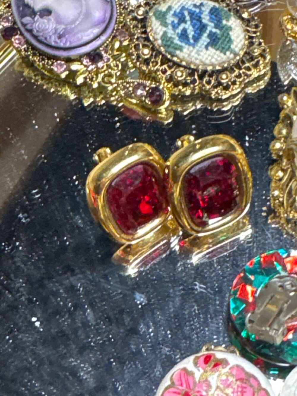Vintage Napier Signed Gold Tone Red Stone Clip On Earrings